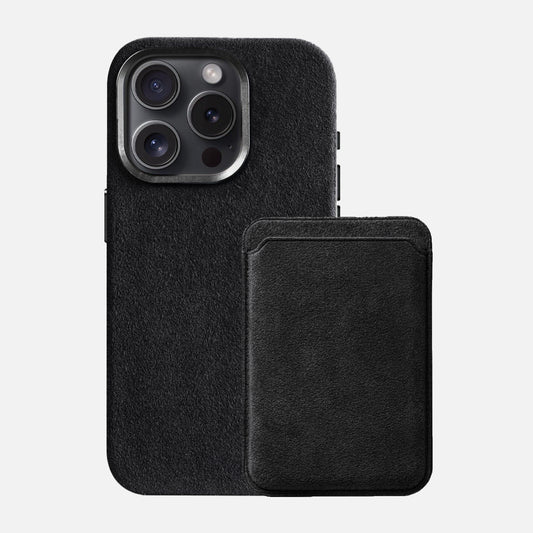 Alcantara Iphone 15 Case + Alcantara Magsafe Wallet - Black Edition