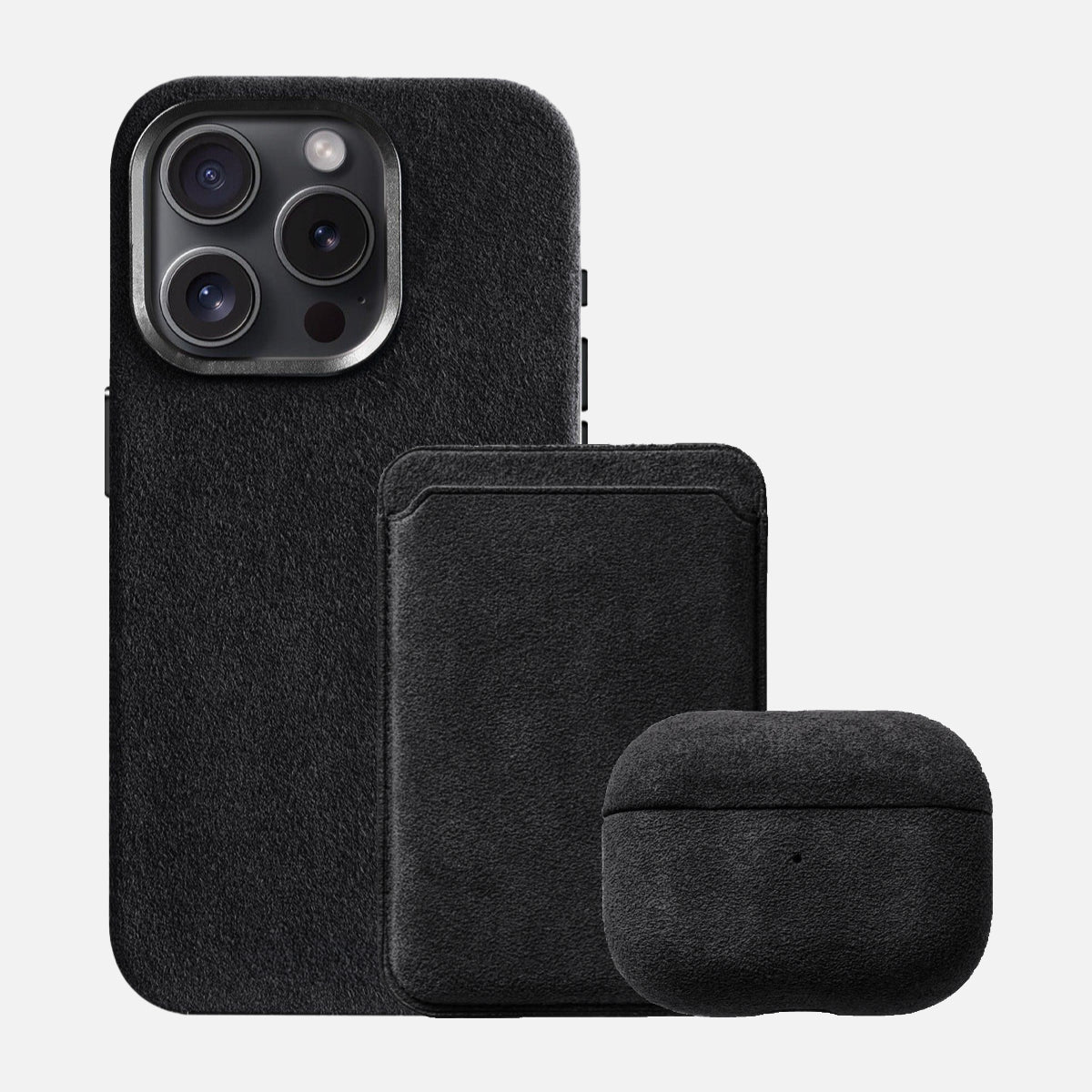 Alcantara Iphone 15 Case + Alcantara Magsafe Wallet + Alcantara Airpod Pro Gen 1/2 Case - Black Edition