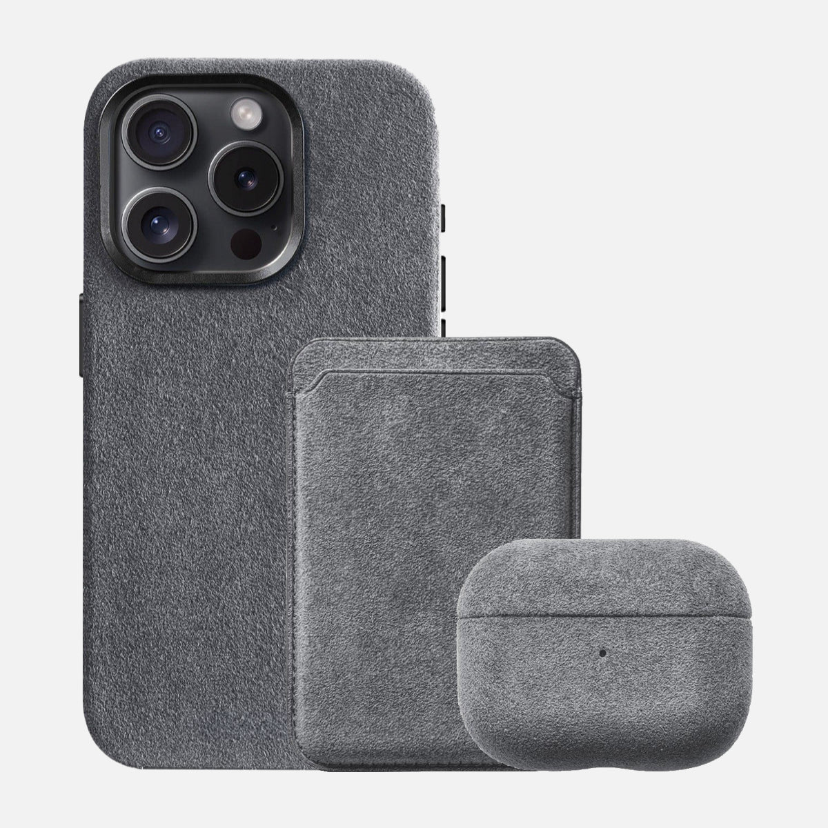 Alcantara Iphone 15 Case + Alcantara Magsafe Wallet + Alcantara Airpod Pro Gen 1&2 Case - Space Grey Edition