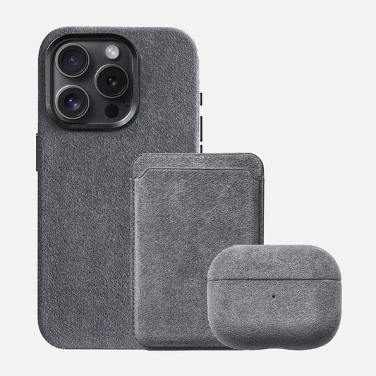 Alcantara Iphone 15 Case + Alcantara Magsafe Wallet + Alcantara Airpod Pro Gen 1&2 Case - Space Grey Edition