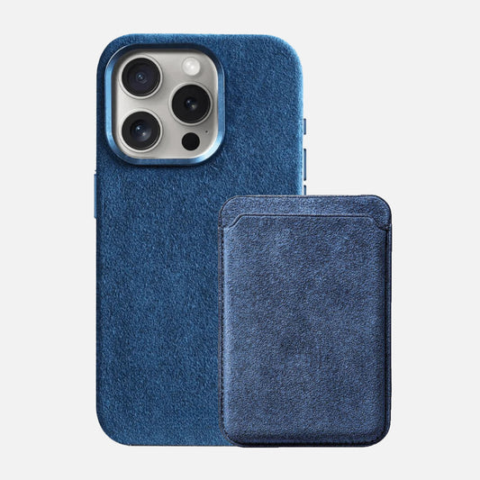 Alcantara Iphone 15 Case + Alcantara Magsafe Wallet - Midnight Blue Edition