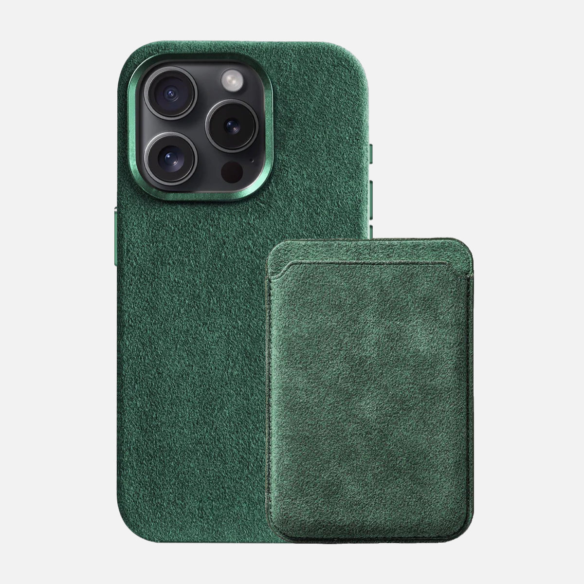 Alcantara Iphone 15 Case + Alcantara Magsafe Wallet - Forrest Green Edition