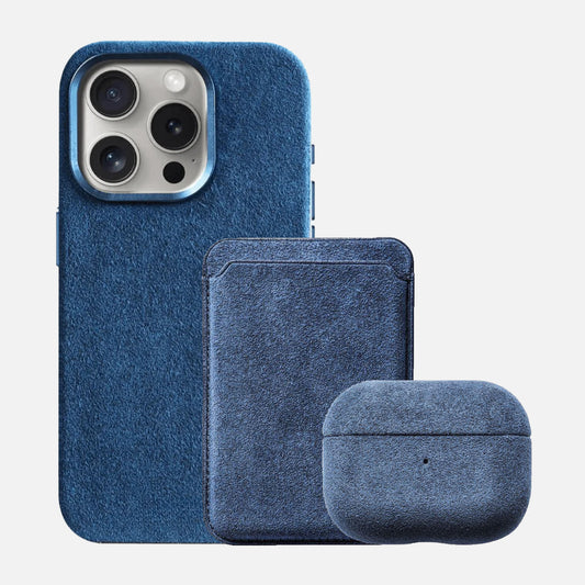 Alcantara Iphone 15 Case + Alcantara Magsafe Wallet + Alcantara Airpod Pro Gen 1&2 Case - Black Edition