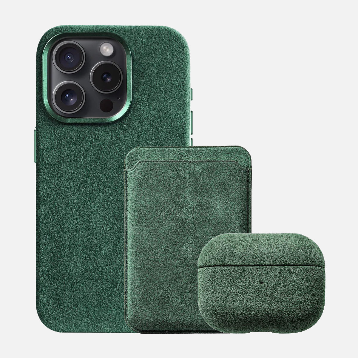 Alcantara Iphone 15 Case + Alcantara Magsafe Wallet + Alcantara Airpod Pro Gen 1&2 Case - Forrest Green Edition