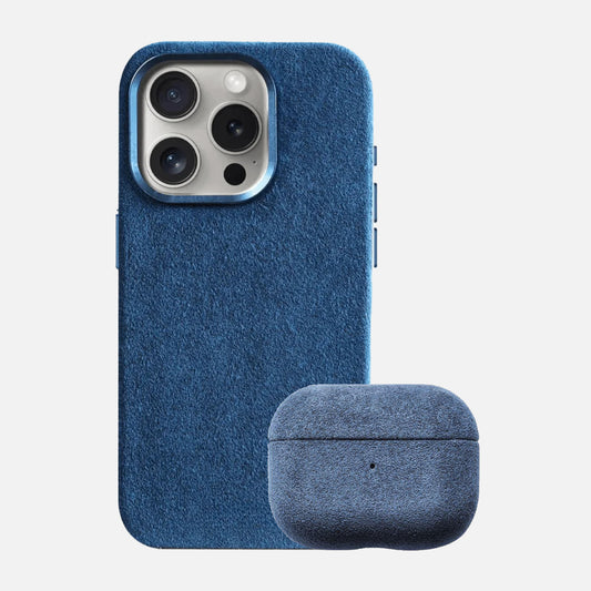 Alcantara Iphone 15 Case + Alcantara Airpod Pro Gen 1&2 Case - Midnight Blue Edition